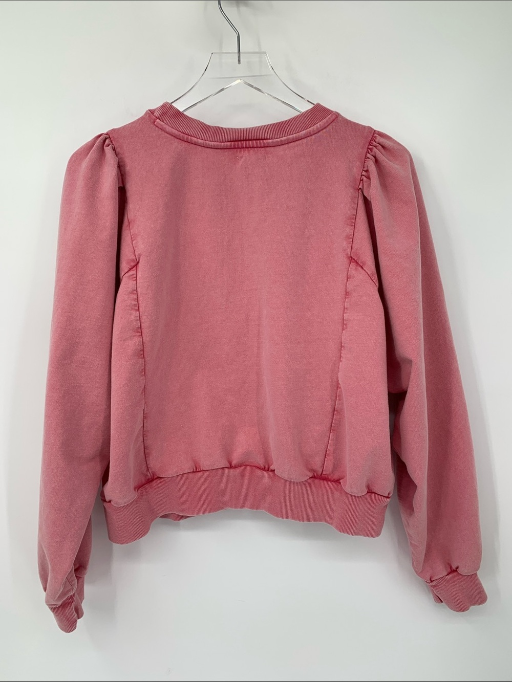 Pilcro Anthropologie embellished sweatshirt pink faded mesh lace puff sleeve L - Picture 3 of 4